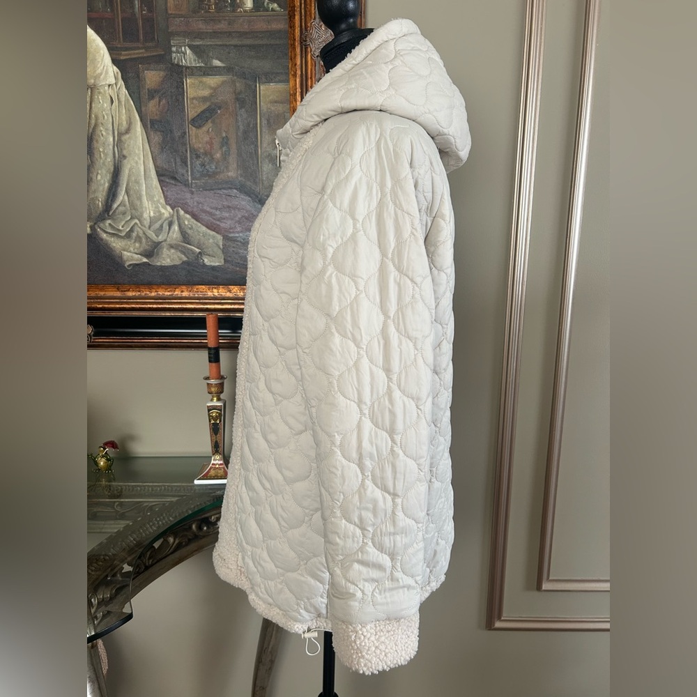 Hurley Cream Sherpa Quilted Hooded Jacket Oversized Cozy Fleece Puffer Hybrid L - Picture 7 of 9